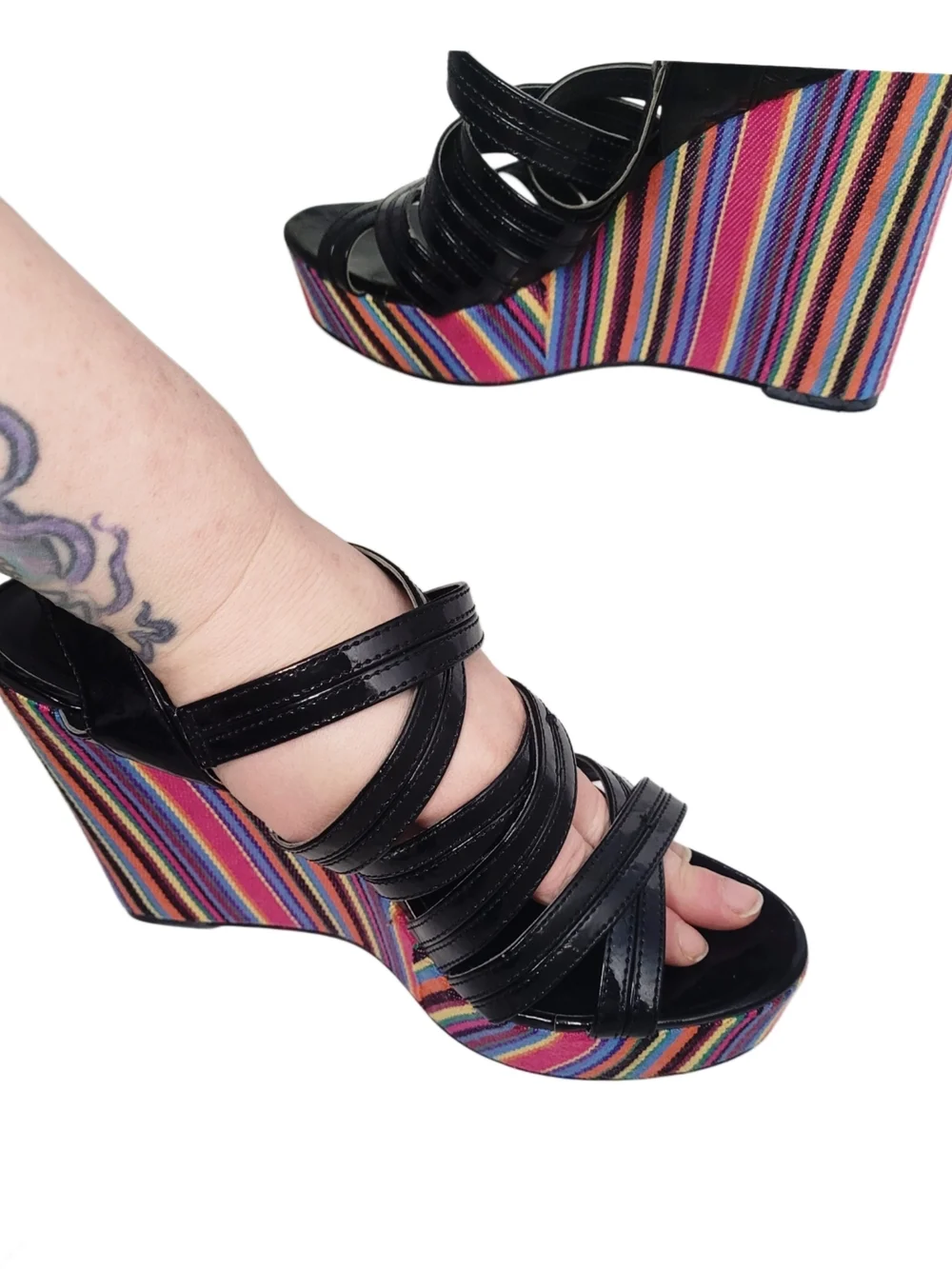 Retro Westies Black Patent Strappy Wedge Sandals w/ Fabric Rainbow Stripes